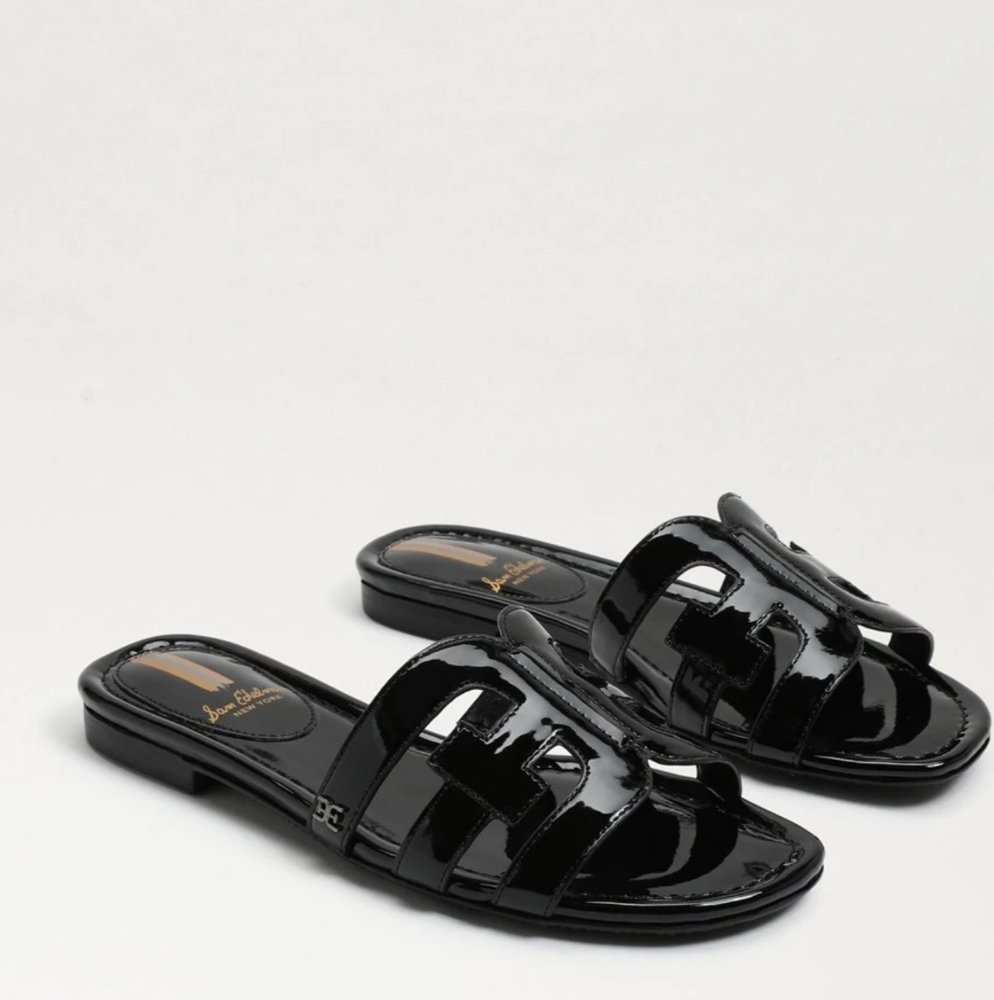 SAM EDELMAN WOMEN Black Patent Leather Bay Slide Sandals - Picture 2 of 5